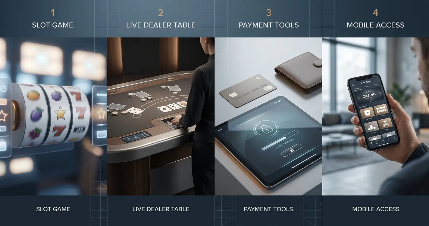 Illustratie van slots, live casino, betalingen en mobiel gebruik