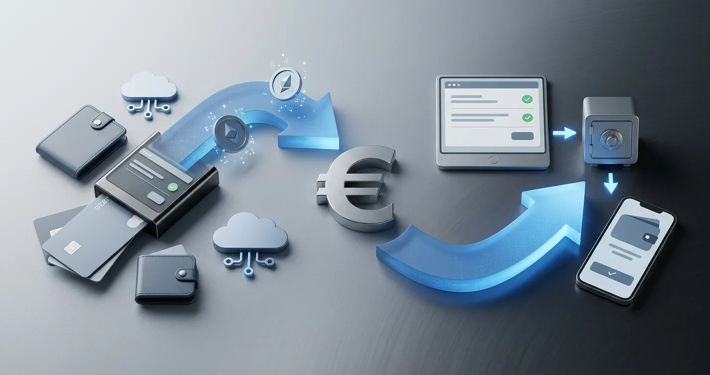 Redactionele illustratie van storten en opnemen in euro en digitale valuta