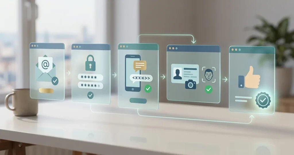Illustratie van accountregistratie met e-mail, telefoon en identiteitscontrole