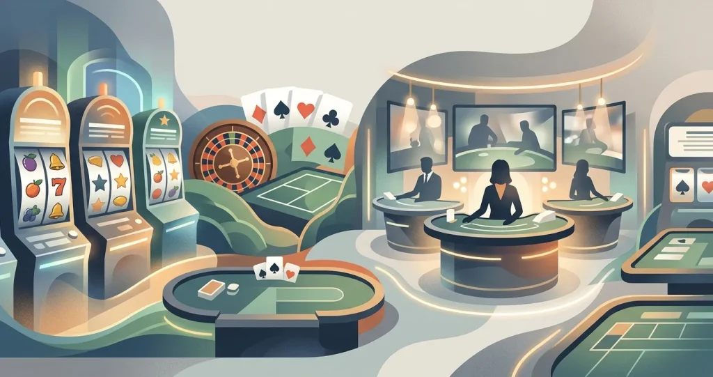 Illustratie van een casinobibliotheek met slots, tafelspellen en live casino