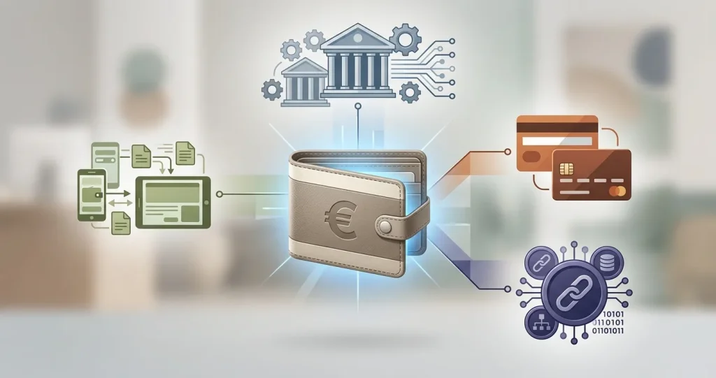 Illustratie van eurostortingen via kaart, bank, e-wallet en crypto