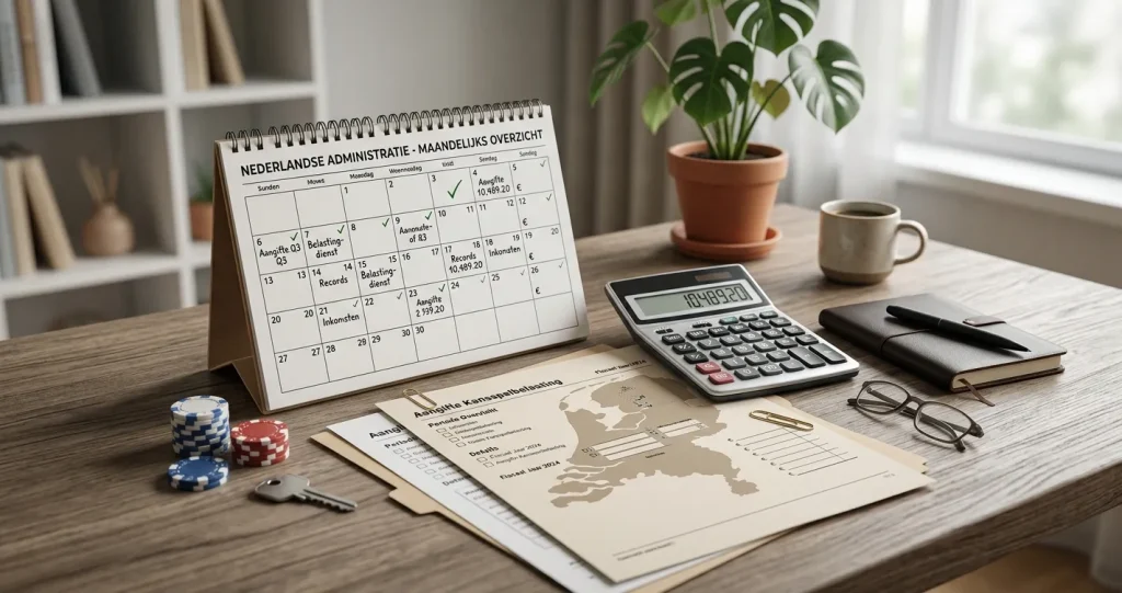 Illustratie van Nederlandse kansspelbelasting met kalender, eurobedragen en belastingformulier