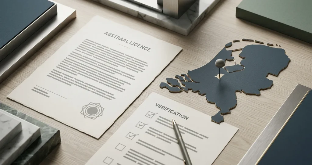 Illustratie van Nederlandse vergunningcontrole met juridisch document en kaart van Nederland