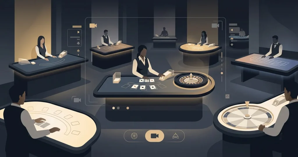 Redactionele illustratie van een live-casinostudio met generieke dealertafels